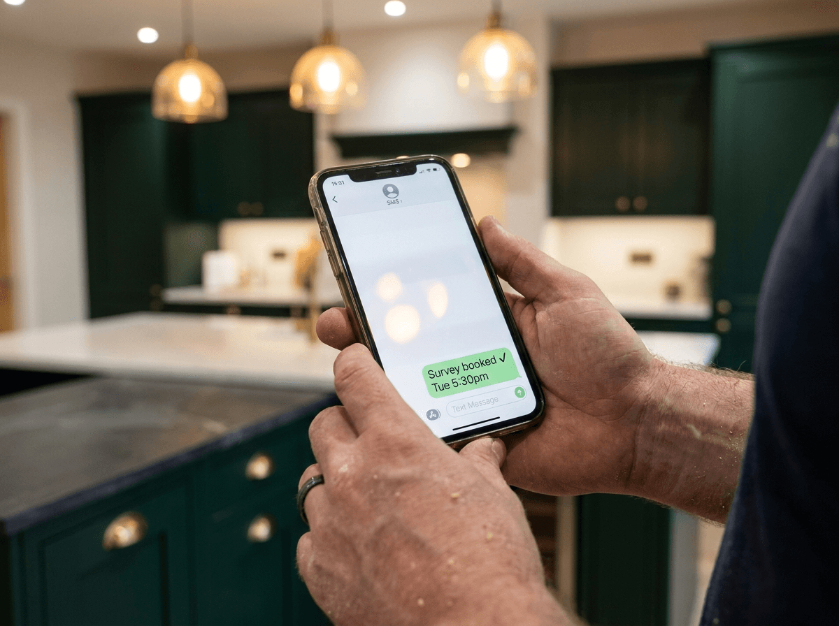 A kitchen fitter reading a 'Survey booked' text in his showroom