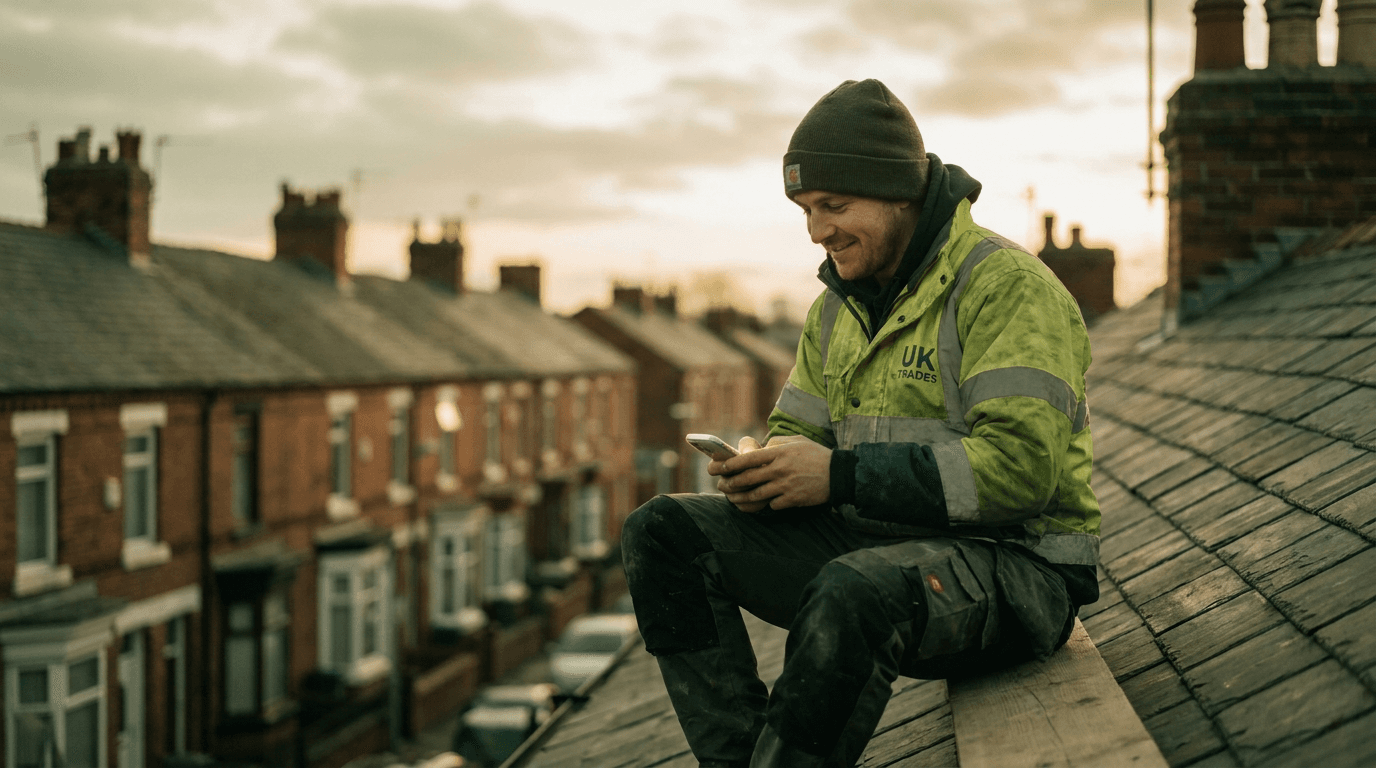 A roofer at dusk checking his phone as another enquiry is rescued